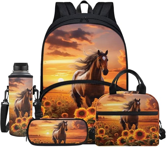 Brown Horse Sunflower Sunset Student Schoolbag Big Capacity Book Bags Laptop Backpack for Kids Girls Boys Pencil Case Lunch Bag Water Cup Pouch Travel Bookbag Rucksack with Compartments by Jndtueit