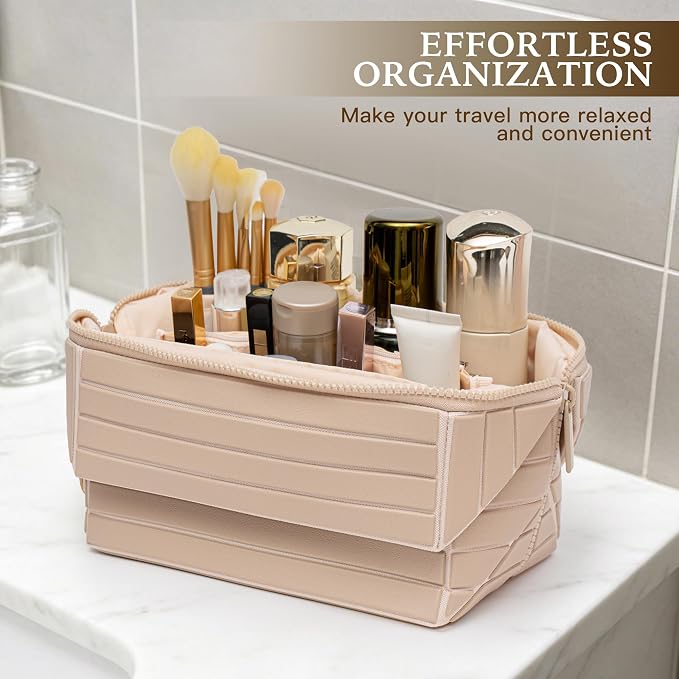 Minoisome Travel Makeup Bag,PU leather toiletry bag,make up organizer case for women,Large Capacity Cosmetic Bag,Wide-open Pouch Purse，Toiletries Accessories，Fold-Down Design and Adjustable Dividers. - Image 3