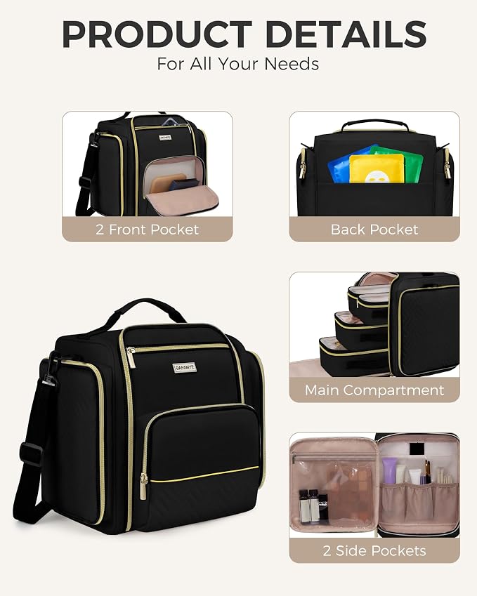 BAFAMYE Large Travel Makeup Bag - Cosmetic Organizer with 4 Removable Inner Pockets, Multi-functional Toiletry Bag for Accessories & Brushes, Women's Beauty Case, Black - Image 4
