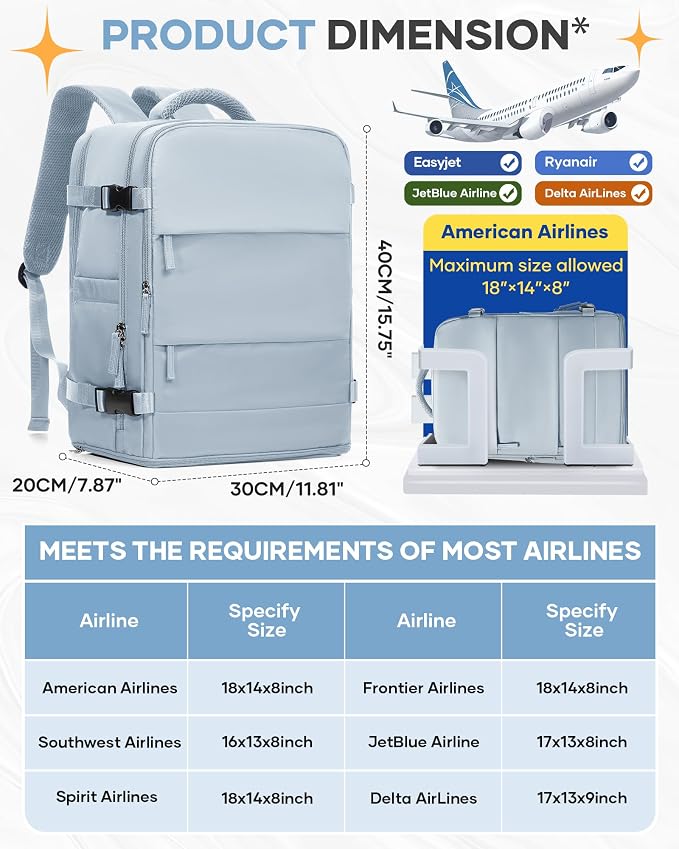 coofay Travel Backpack Carry on Flight Approved Mochila De Viaje Carry on Backpack for Airplanes Spirit Airlines Personal Item Bag 18x14x8 Inches Travel Bag Traveling Backpack for Women Men Grey Blue - Image 3