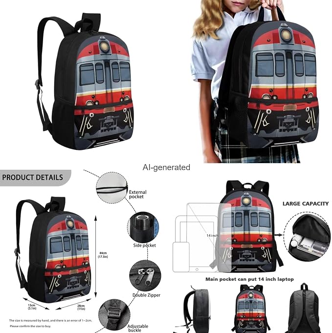 Train Kids Backpack Set, Lightweight School Backpack with Lunch Bag Large Capacity Elementary Bookbag for Boys School Bag for Primary School High School - Image 3