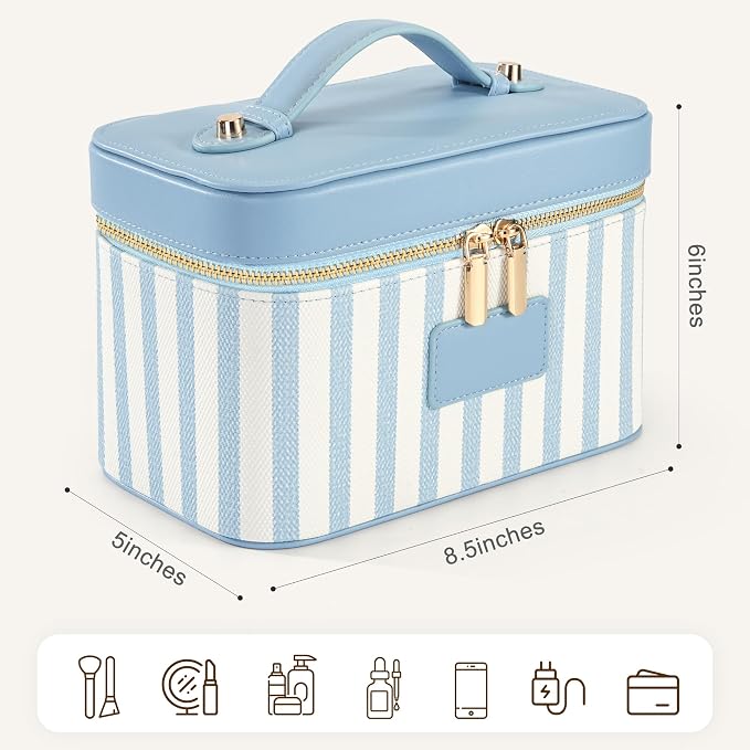 Makeup Bag Travel Toiletry Leather Cosmetic Case, Waterproof Makeup Organizer with Brush Holder, Wipe Clean Removable Divider Vanity Train Bag for Women, Misty Blue - Image 3
