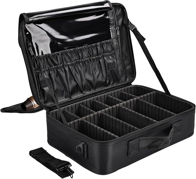 Professional Makeup Train Case with Brush Holder, Large Makeup Travel Bag Organizer, Portable Cosmetic Carry Case 3 Layer Makeup Artist Storage Box with Adjustable Dividers and Shoulder Strap, Black by Greenfeather