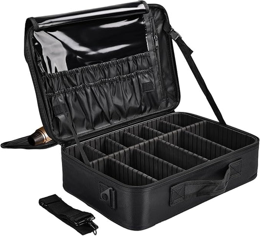 Professional Makeup Train Case with Brush Holder, Large Makeup Travel Bag Organizer, Portable Cosmetic Carry Case 3 Layer Makeup Artist Storage Box with Adjustable Dividers and Shoulder Strap, Black by Greenfeather