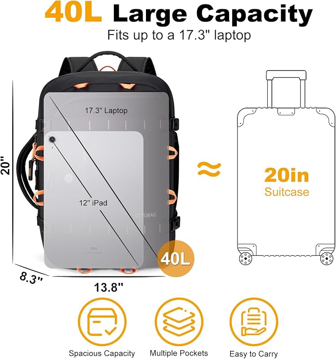 40L Travel Backpack 17.3" Laptop Carry On Duffel Flight Approved | TSA Approved, Wet & Dry Compartment, Water Resistant, Anti-Theft Pocket, Luggage Strap, USB Charging Port - Image 5