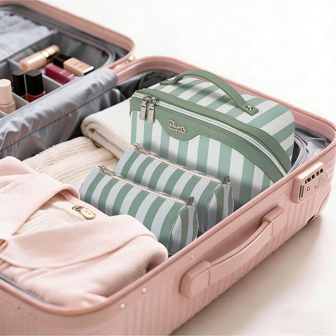 BOYATU Travel Makeup Bag for Women: Large Cosmetic Bag Set of 3 - PU Leather Make up Bag with Compartments - Compact Waterproof Toiletry Bag with Divider & Handle (B-3-Green) - Image 2