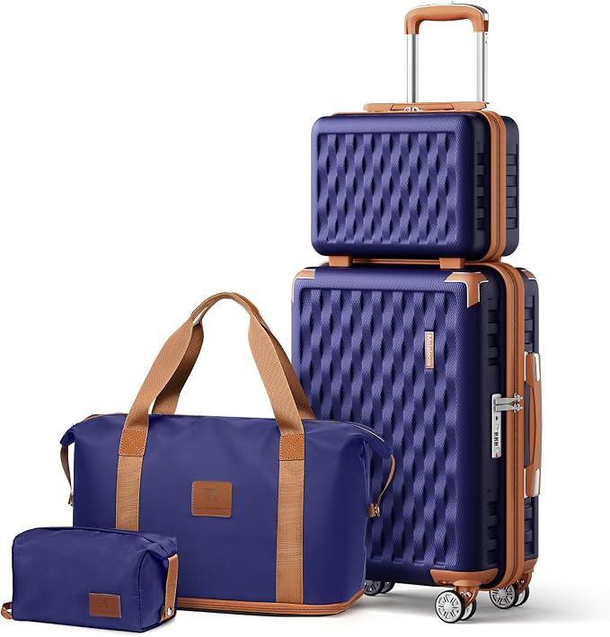 Melalenia Luggage Set 4 Piece Carry On, Hardside Suitcase with TSA Lock and Spinner Wheels, Carry-On Ailline Approved, Navy Brown by Melalenia