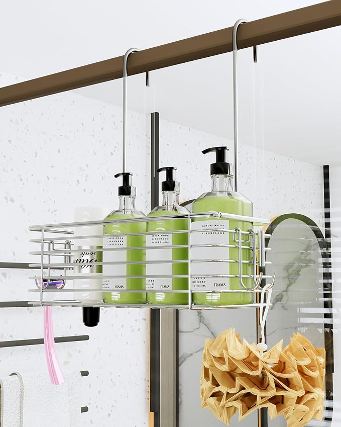 Over Door Shower Caddy, Stainless Steel Bathroom Organizer with Rotating Hooks, Hanging Storage Basket for Shampoo - Image 4