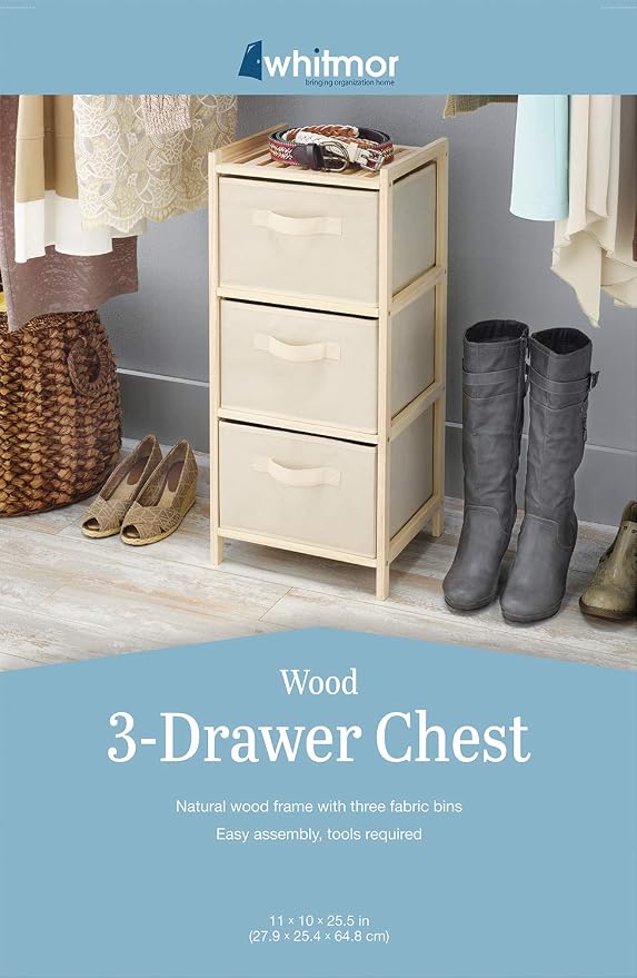 Whitmor 3 Drawer Wood Chest Organizer, Natural Pine Storage with Pull Out Fabric Bins, Easy Assembly, Compact Design for Bedroom Closet Nursery, 11.0"L x 10.0"W x 25.5"H - Image 6