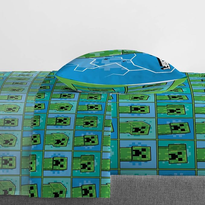 Jay Franco Kids Sheet Set with Fitted, Flat Sheets & Pillow Cover - Ultra-Soft Bedding with Pillowcase for Room Decor, Blue - Minecraft Creeper, 3 Piece Twin - Image 6
