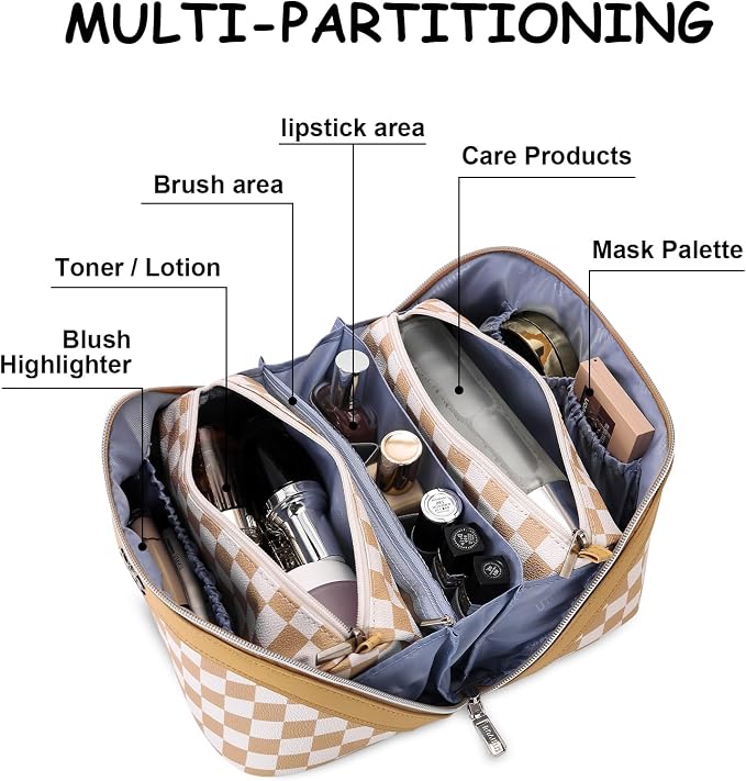 BOYATU Travel Makeup Bag Organizer Cosmetic Bag: 3 Pcs Set Make up Bags for Women with Handle - Waterproof Vegan Leather Toiletry Bag (01-G-Apricot) - Image 4