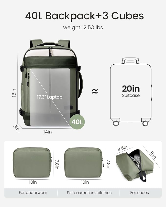LOVEVOOK 40L Travel Backpack for Women Men, Airline Approved Carry On Luggage with 3 Cubes Accessories, TSA Personal Item Travel Cruise Essentials, Waterproof Weekender Overnight Bags fits 17" Laptop - Image 5