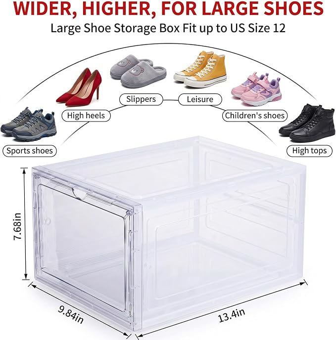 Large Clear Shoe Storage Boxes Stackable, 12 Pack Hard Plastic Shoe Storage Organizer with Magnetic Door, Shoe Container Sneaker Storage Display Case Fit up to US Size 12 Clear - Image 2