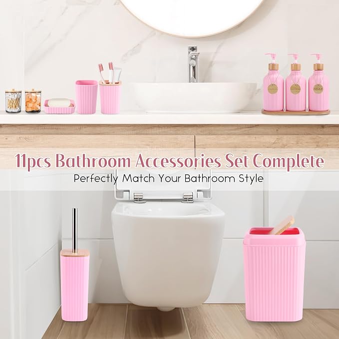 Pink Bathroom Accessories Set 17PCS Bathroom Set with Trash Can 3PCS Lotion Soap Dispenser, Toothbrush Holder, Soap Dish,Tumbler Cup,6PCS Wood Tags Bath Accessories with Tray for Kitchen Bathroom - Image 5