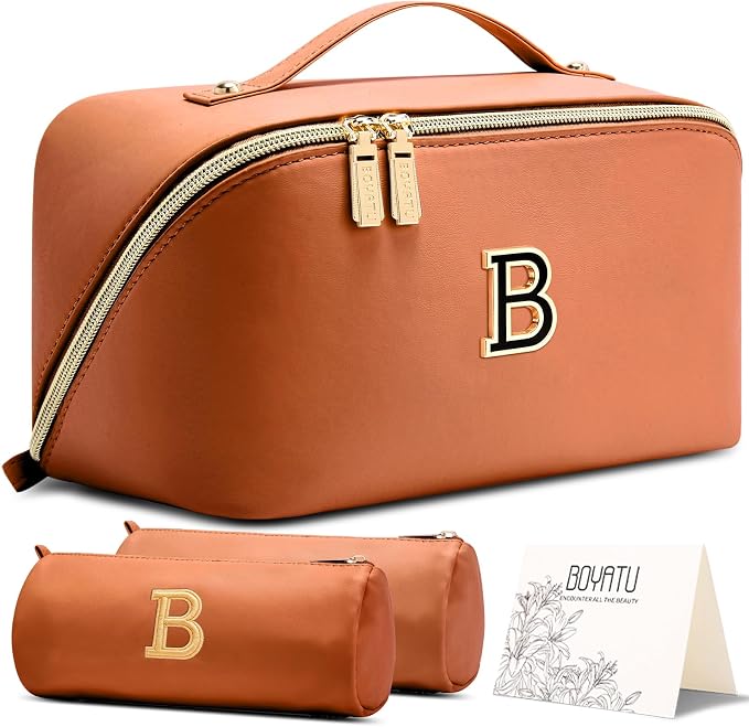BOYATU Makeup Bag Gift for Women: 3-in-1 Travel Personalized Cosmetic Bag | Initial Make up Bag - Monogram A-Z - Vegan Leather Flat Open Toiletry Organizer - Ideal Gift Set for Birthday Graduation by BOYATU