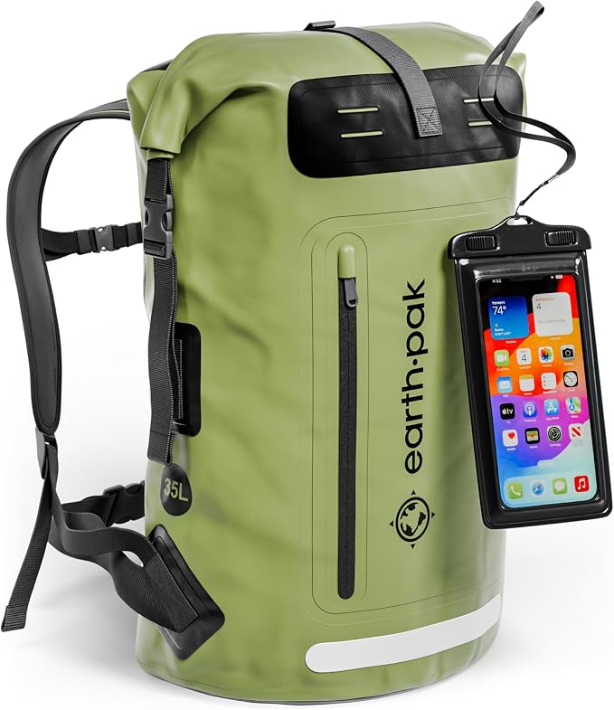 Earth Pak Waterproof Backpack - Heavy Duty Hiking Backpack - Roll-Top Closure Bag - Cushioned Dry Bag Waterproof Phone Case by earthpak