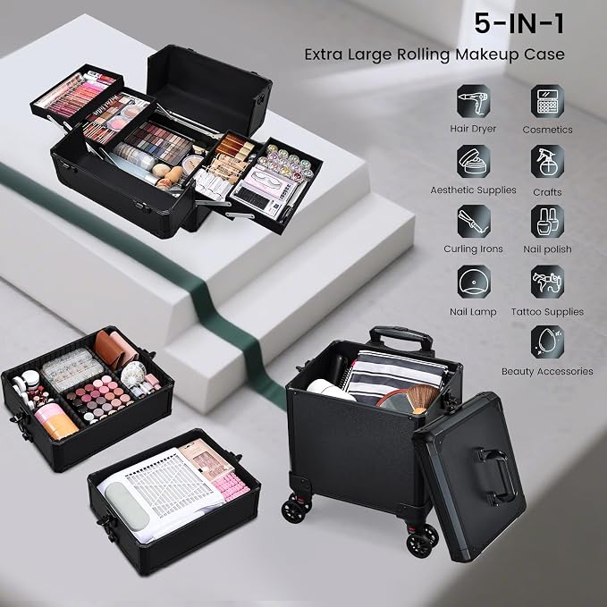 Rolling Makeup Case Makeup Train Case with Lid 5 in 1 Cosmetology Case on Wheels Cosmetic Trolley Organizer Large Makeup Organizers Case Profesional Cosmetic Case for Salon Barber Nail Beauty, Black - Image 8