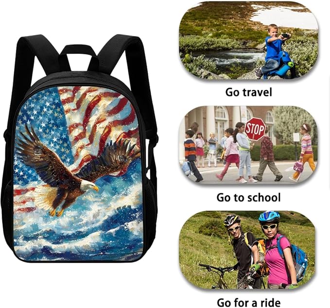 Bald Eagle American Flag Casual Daypack Set for Teen Girls, Backpack Set with Reusable Lunch Box and Pencil Case, Portable School Bag Set Suitable for Boys and Girls - Image 2