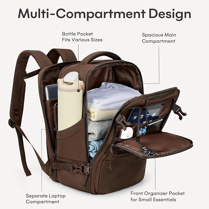 mibasies 30L Travel Backpack for Women & Men: Carry On Luggage Flight Approved, TSA Laptop Backpack with Water Bottle Pocket, Personal Item Bag Fits 15.6" Laptop for Weekender Business - Mocha Brown - Image 4