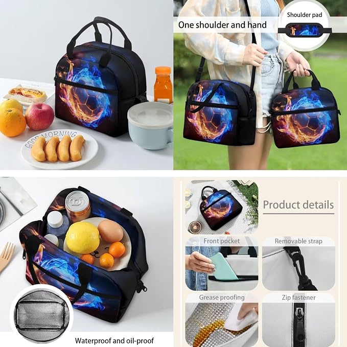 4 in 1 School Bags Kids Backpack Set with Insulated Lunch Box Bag Pencil Pouch Water Bottle Bag Preschool Primary Middle School School Supplies Kit for Sports Hiking, Football Flame Print - Image 4