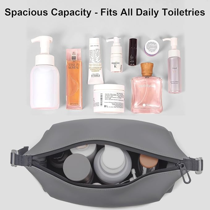 Vomgomfom 6L 13 Inch Silicone Toiletry Bag, Waterproof Leakproof Travel Cosmetic Organizer, Adjustable G-Buckle Compression Dopp Kit, Foldable Makeup Bag for Women & Men (Grey, 13" 6L) - Image 7