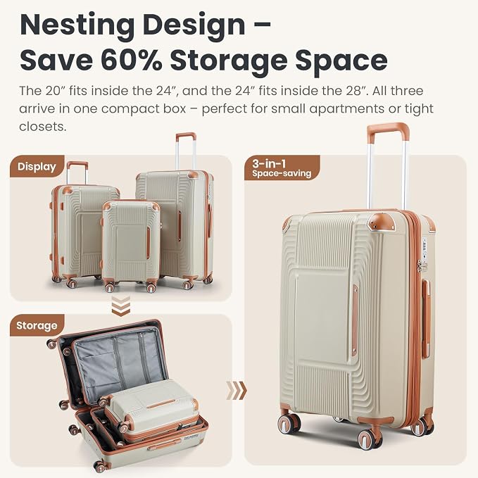 3 Piece Luggage Set PP Hardshell with YKK Zippers, 20/24/28 Inch Suitcases with Detachable Spinner Wheels & Reinforced Corner Guards, Lightweight TSA Lock Nested Set (Light Khaki) - Image 6