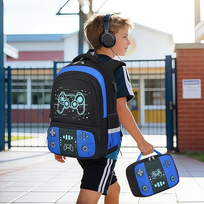 Bevalsa Backpack for School Boys, Cool Luminous Gamer Boys Schoolbag with Lunch Box & Pencil Case Set for Kids Teens Elementary Middle School, Bookbag Glow In The Dark(Blue Game Backpack) - Image 8