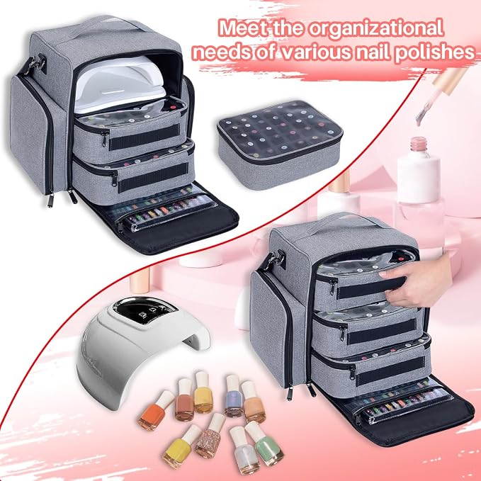Nail Polish Organizer Case Hold 90 Bottles with 3 Detachable Bag,Grey | Portable Travel Storage Box Designed for Women's Nail Tools, Essential Oils and Cosmetics Sets - Image 6