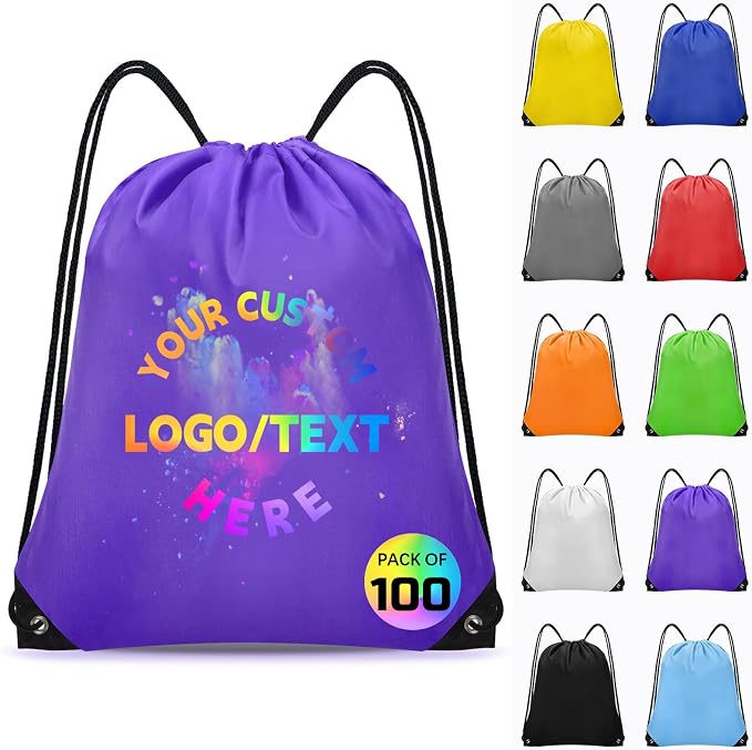 Grneric Custom Drawstring Bags Bulk 10/20/50/100/200 Pack, Promotional Items With Your Logo Personalized String Backpack for Gym, Sport, Travel, Purple by Grneric