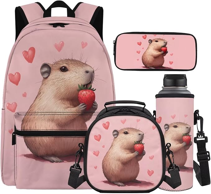 Adorable Capybara Backpacks for 5th Grade Girls, Pink Backpack and Lunch Box for Girls Kids Travel Sports Bookbag Lightweight, 4-Piece School Essentials Set for for 6-8 8-10 Year Olds by Unknown