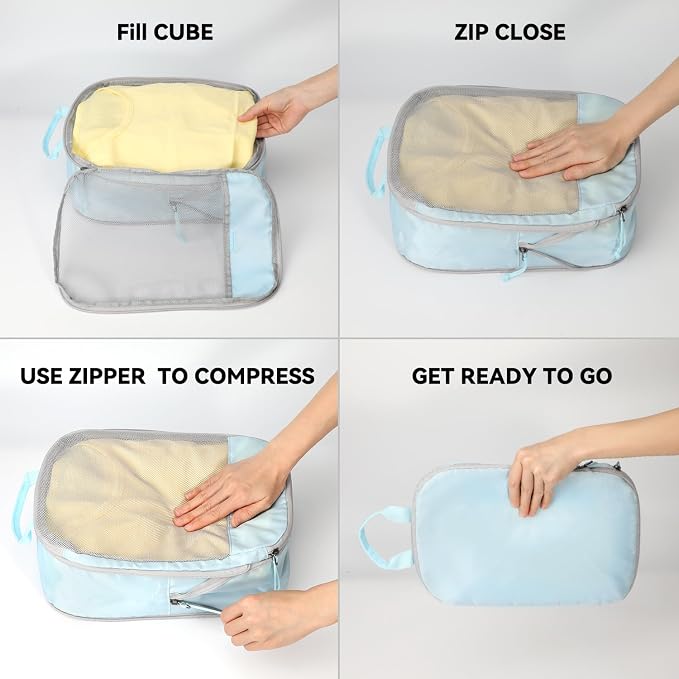 Voova 6 Set Compression Packing Cubes, Travel Accessories Expandable Packing Organizer Bags Set for Carry on Suitcase, Durable Luggage Packing Cubes for Travel Essentials, Blue - Image 6