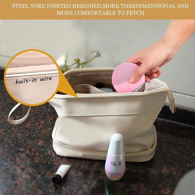 Abiudeng Large Capacity Makeup Bag Ladies Cosmetic Bag Travel Bag with Compartments Portable PU Leather Travel Makeup Bag with Handle - Image 3