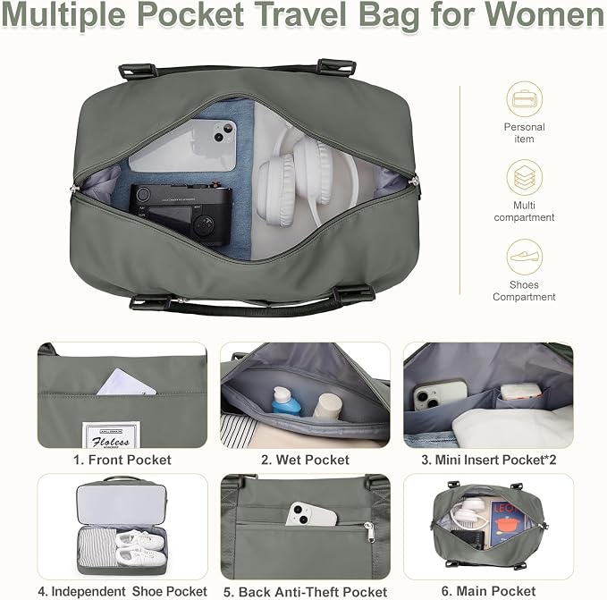 Large Weekender Bags for Women, Travel Duffel Bags with Shoe Compartment,Personal Item Travel Carry on Overnight bag for women Travel Set,Olive Green2 - Image 4