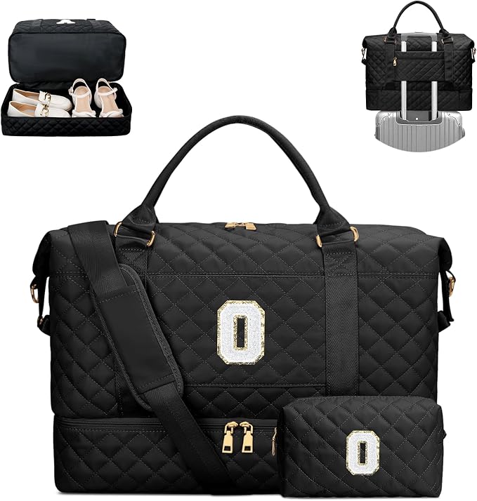 Gifts for Women Girls Birthday Initial Travel Duffle Bag Quilted Weekender Bags Carry-On Overnight with Make up Bag, Hospital Bag for Women Labor Delivery, Black O by Unknown