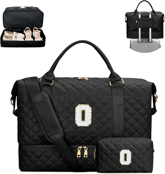 Gifts for Women Girls Birthday Initial Travel Duffle Bag Quilted Weekender Bags Carry-On Overnight with Make up Bag, Hospital Bag for Women Labor Delivery, Black O by Unknown