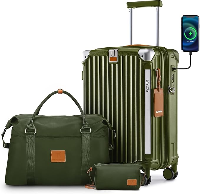 Joyway 20in Carry On Luggage with Cup Holder and USB Port, 25% Expandable Capacity, Smart Suitcase with Anti Slip Wheels and Handbag, Perfect for Men and Women 3 Piece Set DarkGreen by Joyway