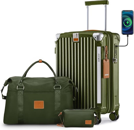 Joyway 20in Carry On Luggage with Cup Holder and USB Port, 25% Expandable Capacity, Smart Suitcase with Anti Slip Wheels and Handbag, Perfect for Men and Women 3 Piece Set DarkGreen by Joyway