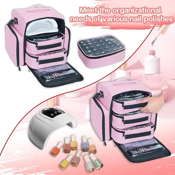 Nail Polish Organizer Case Hold 90 Bottles with 3 Detachable Bag,Pink | Portable Travel Storage Box Designed for Women's Nail Tools, Essential Oils and Cosmetics Sets - Image 6