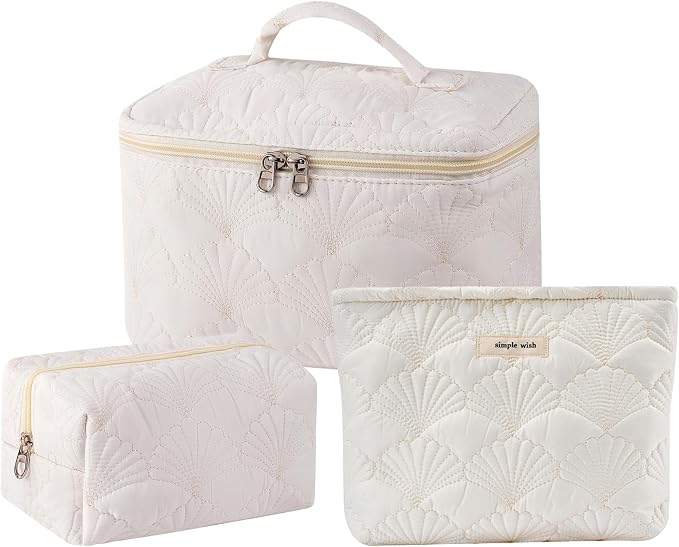 RSRSLEII 3Pcs Quilted Cotton Coquette Makeup bag, Coastal Granddaughter Aesthetic Cosmetic Bag, Cute Seashell Portable Travel Toiletry Pouch (08 3Pcs White) by RSRSLEII