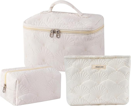 RSRSLEII 3Pcs Quilted Cotton Coquette Makeup bag, Coastal Granddaughter Aesthetic Cosmetic Bag, Cute Seashell Portable Travel Toiletry Pouch (08 3Pcs White) by RSRSLEII