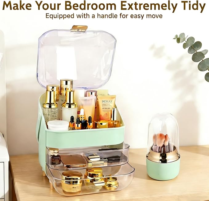 Makeup Organizer with Drawers-Cosmetic Display Case for Vanity|Skincare Organizer with 360 Rotating Brush Holder,Large Storage Box Dresser,Women Gifts Display Cases for Bathroom Countertop,Green - Image 6