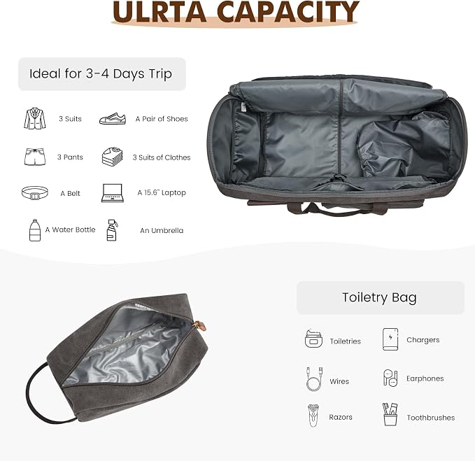 S-ZONE Garment Bags for Travel Canvas Duffle Bags for Men Hanging Suitcase | Individual Toiletry Bag, Multi-Pockets, Carry-on Size, Trolley Sleeve, for Gym or Business - Image 7