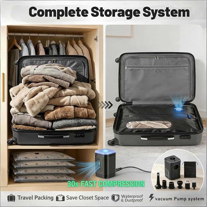11-Pack Travel Vacuum Bags with Pump, 2×28L TPU Waterproof Vacuum Seal Bags + 9 PA&PE Compression Bags (S/M/L),Space Saver for Clothing, Luggage,Travel,Backpacks & Suitcases,Home Storage - Image 2