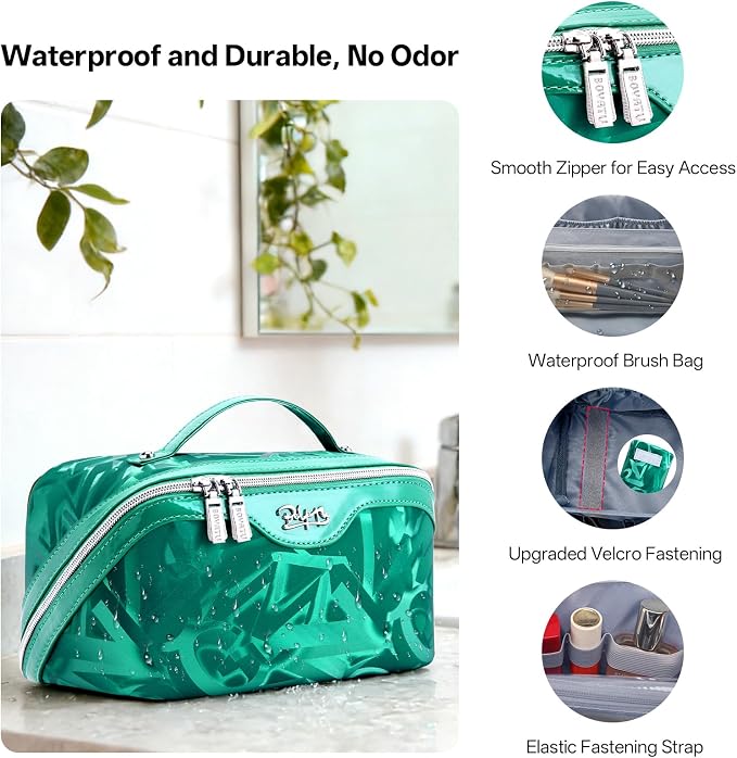 BOYATU Travel Makeup Bag for Women: Y2K Aesthetic Personalized Glossy 3 Pcs Set Cosmetic Organizer Bag - Trendy Statement Toiletry Pouches for Forward Women - Stand Out at Festivals & Trips(D-1-Green) - Image 2