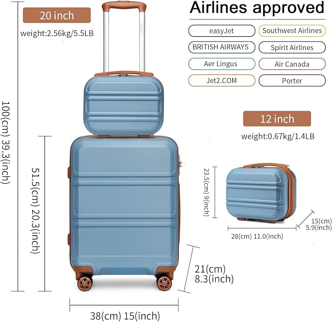 Kono Carry On Luggage Set Airline Approved with Spinner Wheels | Lightweight PC+ABS Carry On Suitcase with TSA Lock Durable Luggage Hardside Apricot Blue - Image 2