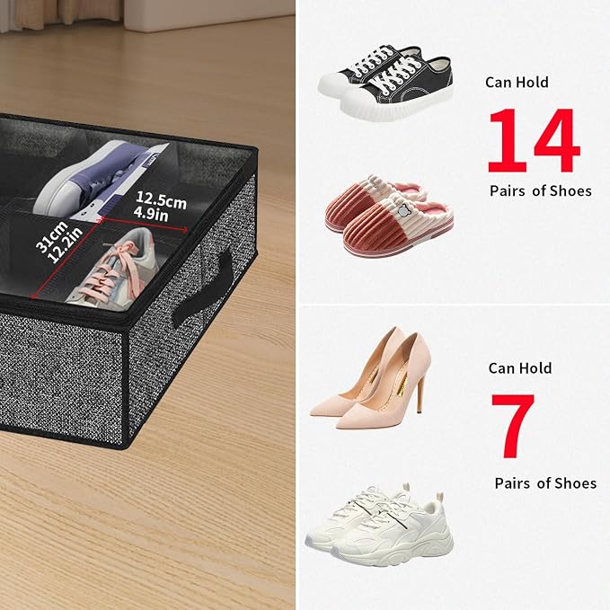 Onlyeasy 2 Pack Under Bed Shoe Storage Organizers with Handles & Clear window (Fit 14 +14 Pairs), Sturdy Underbed Box Organizer Shoe Storage Bags for Kids & Adults, Linen-like Black, MXAUBS14S14 - Image 8
