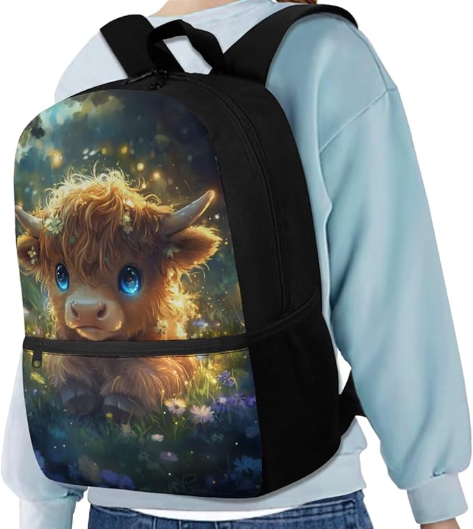 Cute Highland Cow Backpack for Girls Kids Backpack with Lunch Box Water Bottle Carrier and Soft Pencil Case 4PCS Set Cute Bookbag with Front Pocket 17" Large Capacity Elementary School Bag - Image 2
