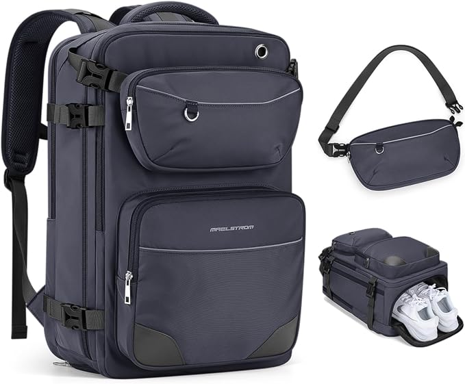 Maelstrom Travel Backpack for Men Women, 35L Carry on Backpack for Traveling on Airplane,with Belt Bag&Shoe Compartment,Waterproof Laptop Backpack fit 17”Laptop-Mystery Grey by Maelstrom
