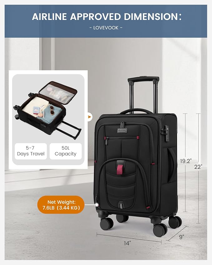 Carry On Luggage 22x14x9 Airline Approved, 22-Inch Suitcases with Spinner Wheels, Softside Carry-on Luggage with TSA Lock for Men Women Business Trip, Lightweight Large Capacity Luggage for Travel - Image 4