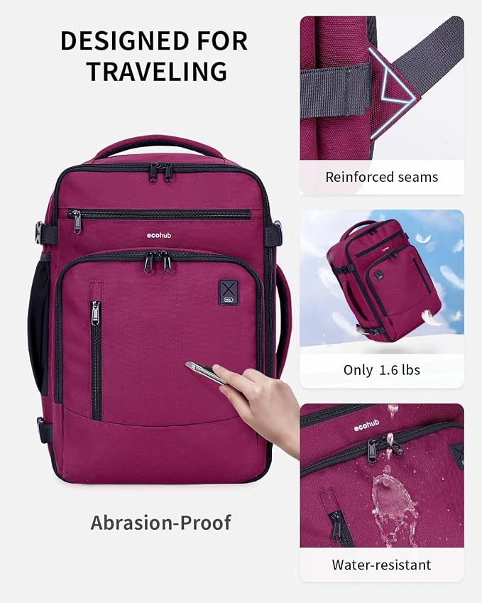 ECOHUB 17" Small Travel Backpack, United Airlines Personal Item Bag 17x10x9 with 16 Pockets, Water Resistant Rucksacks Fit 15.6" Laptop, AirTag Pocket, Lightweight Casual Daypack, 25L, Red - Image 6